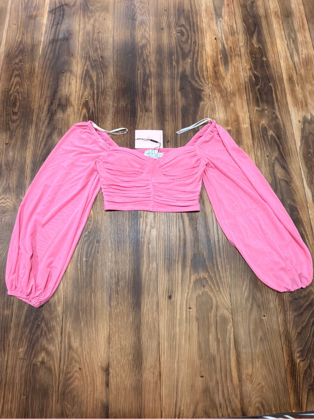 Hello Molly Pink Off-Shoulder Ruched Long Sleeve Crop Top